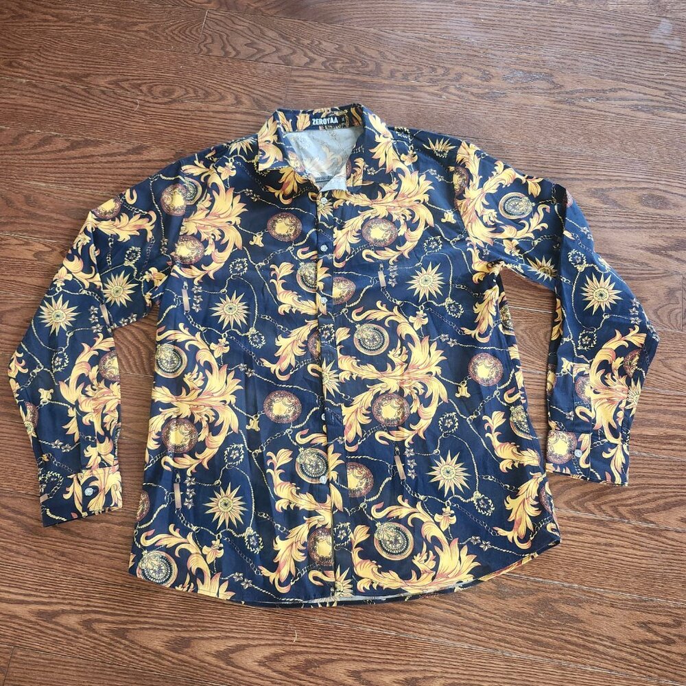 ZEROYAA Men Long Sleeve Black Gold Floral Print Hipster Button Up Dress Shirt XL